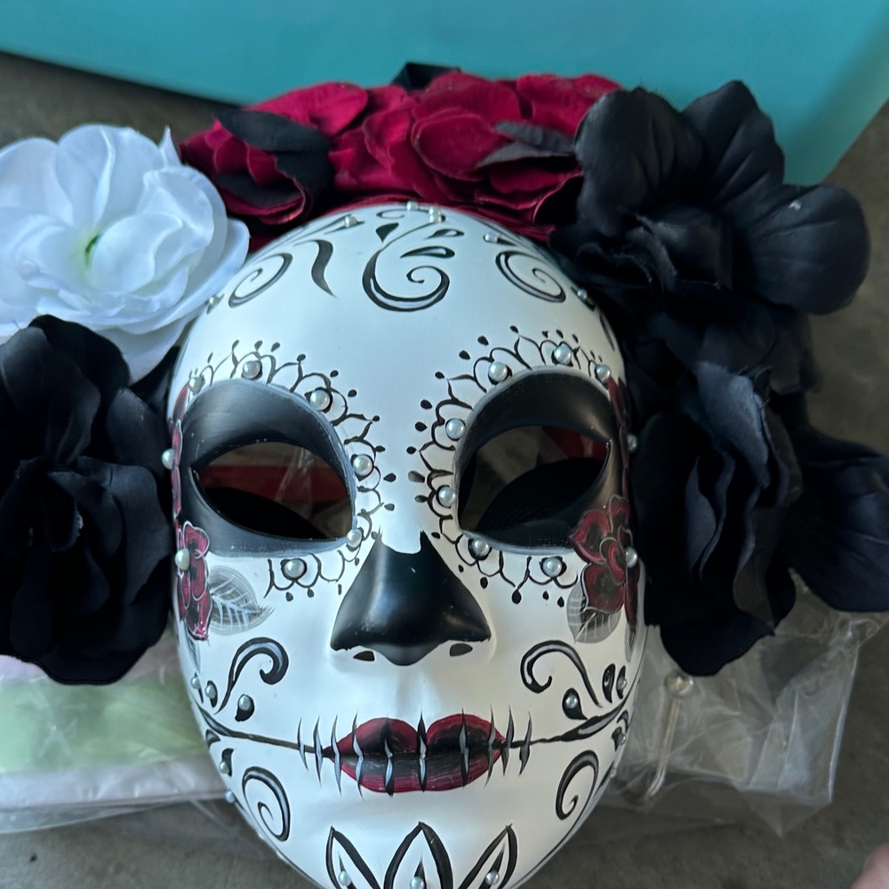 Floral Sugar Skull Mask - Black, White, Red